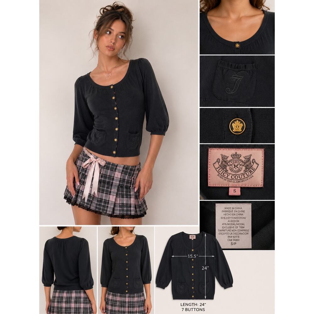 Y2K Juicy Couture Cotton Cashmere Gold Button Up Cardigan Women’s S Gray Vintage